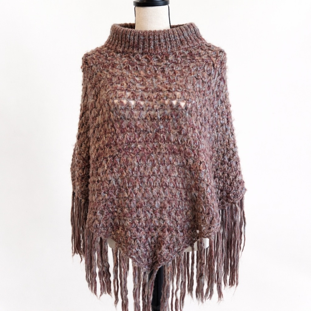 SAY WHAT? Chunky Knit Fringe Poncho Sweater Boho Western Festival One Size - Picture 2 of 6